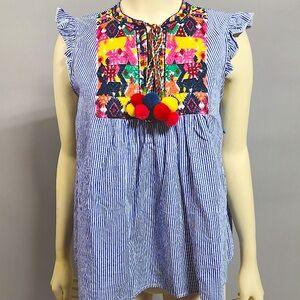 Bohemian Embroidery Resort Cotton Southwest Denim Striped Pom Pom Antelope SZ LP
